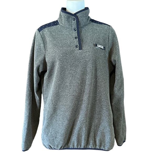 Columbia PFG Gray Fleece Pullover Navy & White Polka Dot Trim Womens  Small - Picture 1 of 7